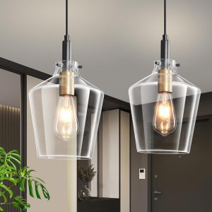 Modern Glass Pendant Lighting for Kitchen Island 2 Pack, Farmhouse Black and Gold Pendant Light Fixtures, Adjustable Hanging Ceiling Light, Angled Clear Glass Shades 8 Inch