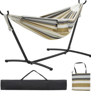 Yaheetech Double Hammock w/Stand, 2-People Hammock & Stand Set w/Storage Bag & Carrying Bag, Outdoor/Indoor Heavy-Duty Portable Hammock, 450LB Capacity - Desert Stripe